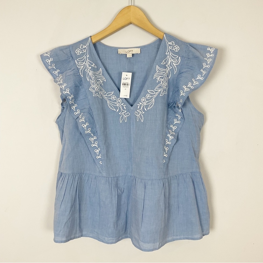 LOFT Blue Chambray Embroidered Top